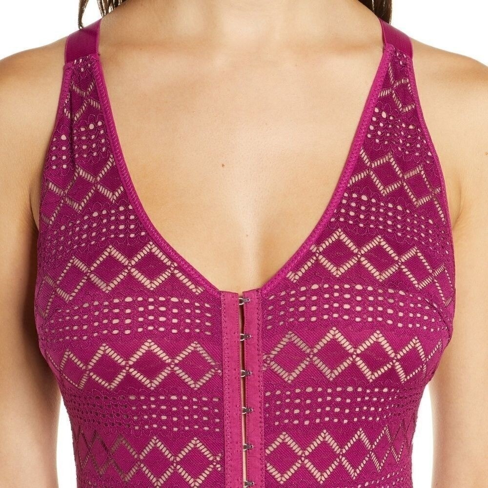 Free People Magenta Crochet One-Piece Bodysuit Front Zip & Cross-Back Straps XS - Picture 4 of 6